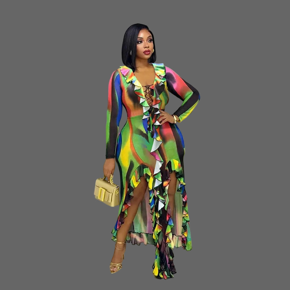 Colorful Abstract Print Lace up Ruffle Midi Dress Long Sleeve High Slit Bodycon Party Gown