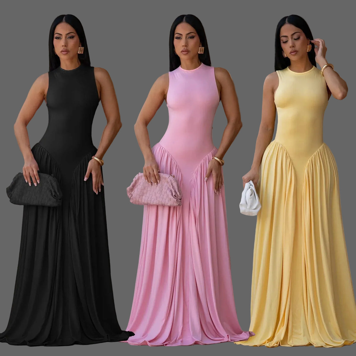 Summer Woman Maxi Dress Stretchy Sleeveless Ruched Bodycon for Daily Dressing
