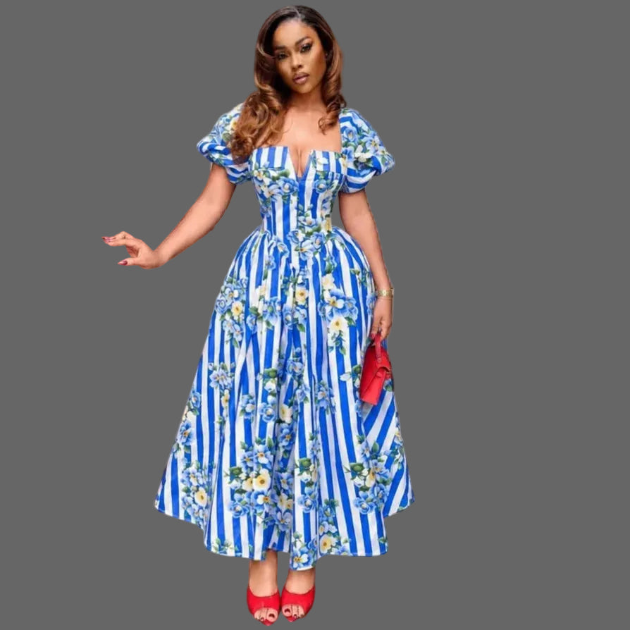 Puff Sleeve Square Neck Floral Stripe Midi Dress Woman Smocked Back Lace up Corset a Line Summer Long Dress