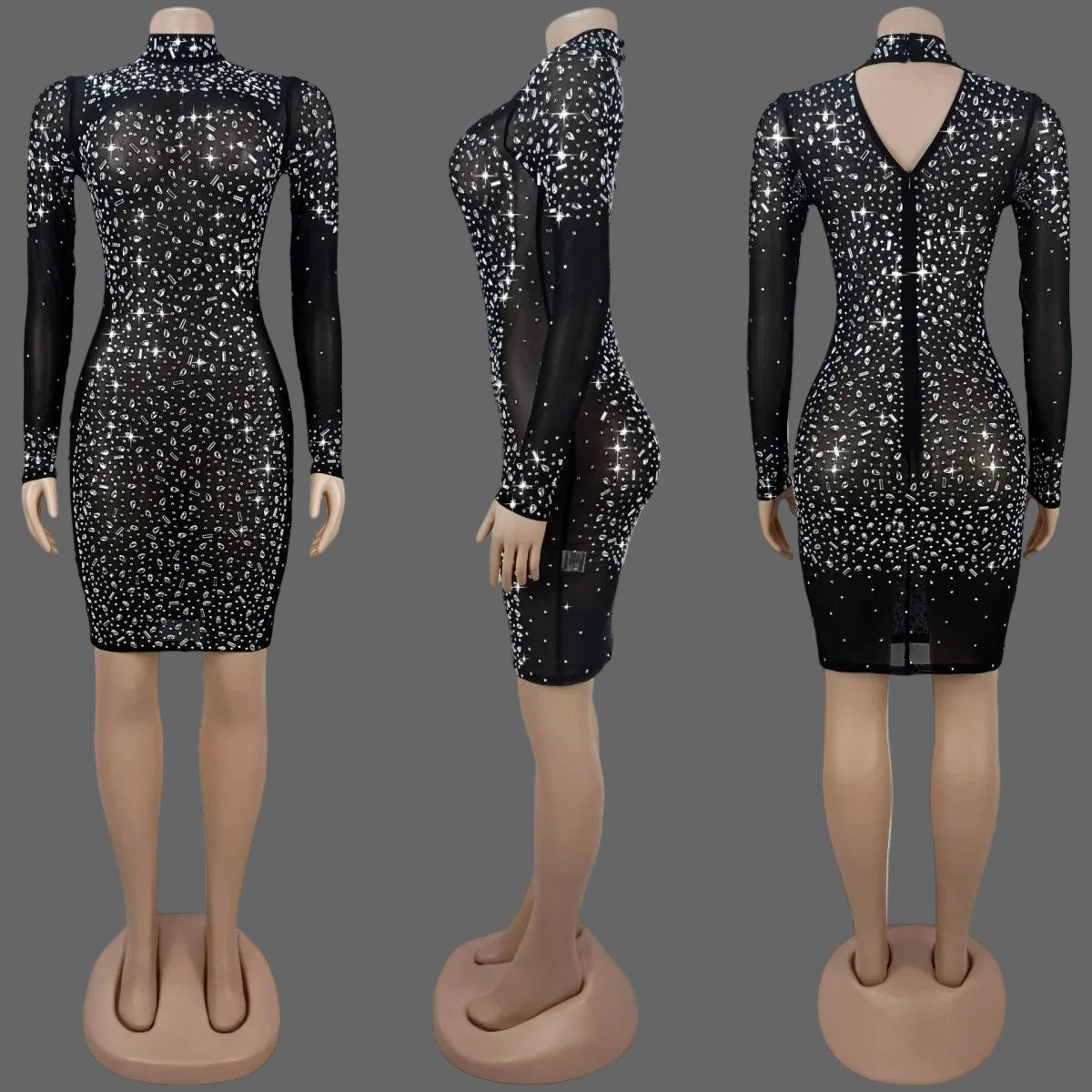 CX7591 Mesh Rhinestone Mini Dress Sexy See Through Bodycon for Party Club Birthday Night Out