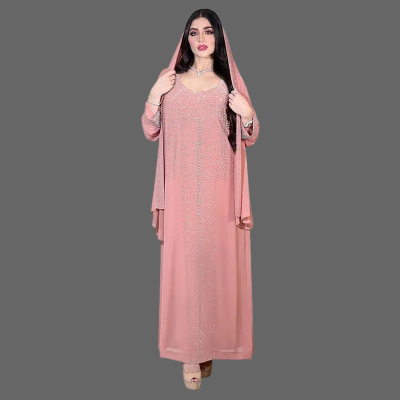 Women Elegant Rhinestone Arabian Islamic Clothing Robe Femme Modest Kleid Abaya Dress With Scarf