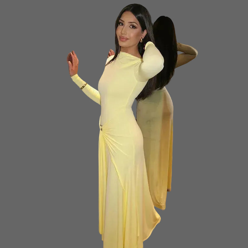 Solid Cute Ruched Maxi Dress Woman Asymmetrical Natural Regular Fit Eco-Friendly Bodycon Silhouette for Birthday Club
