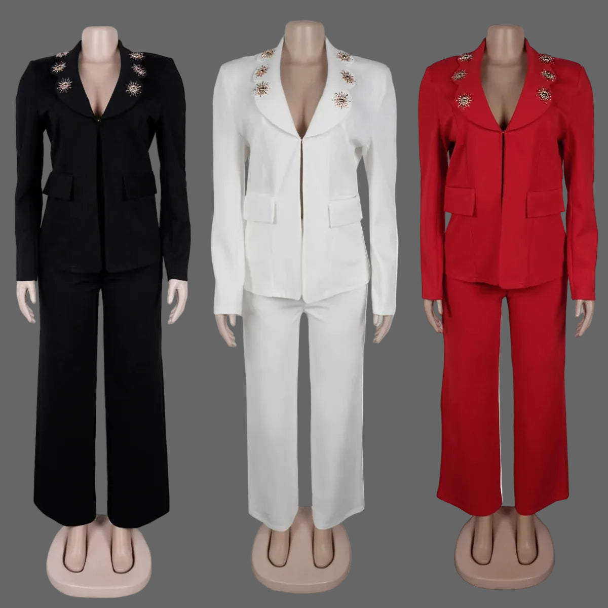 Embellished Blazer and Skinny Fit Solid Wide Leg Pants Set Glamorous Evening Power Suit Woman 2-Piece