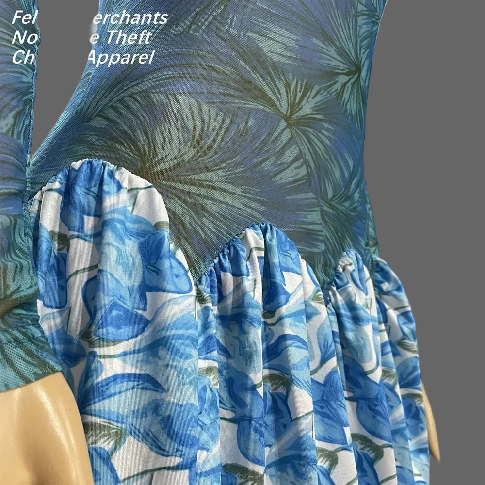 Print Long Sleeve Women Dresses Stretchy Mesh Flare Maxi Dress Lady Outfits S-XL