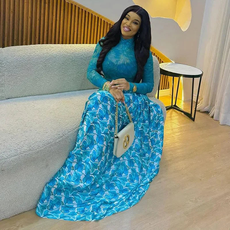 Print Long Sleeve Women Dresses Stretchy Mesh Flare Maxi Dress Lady Outfits S-XL