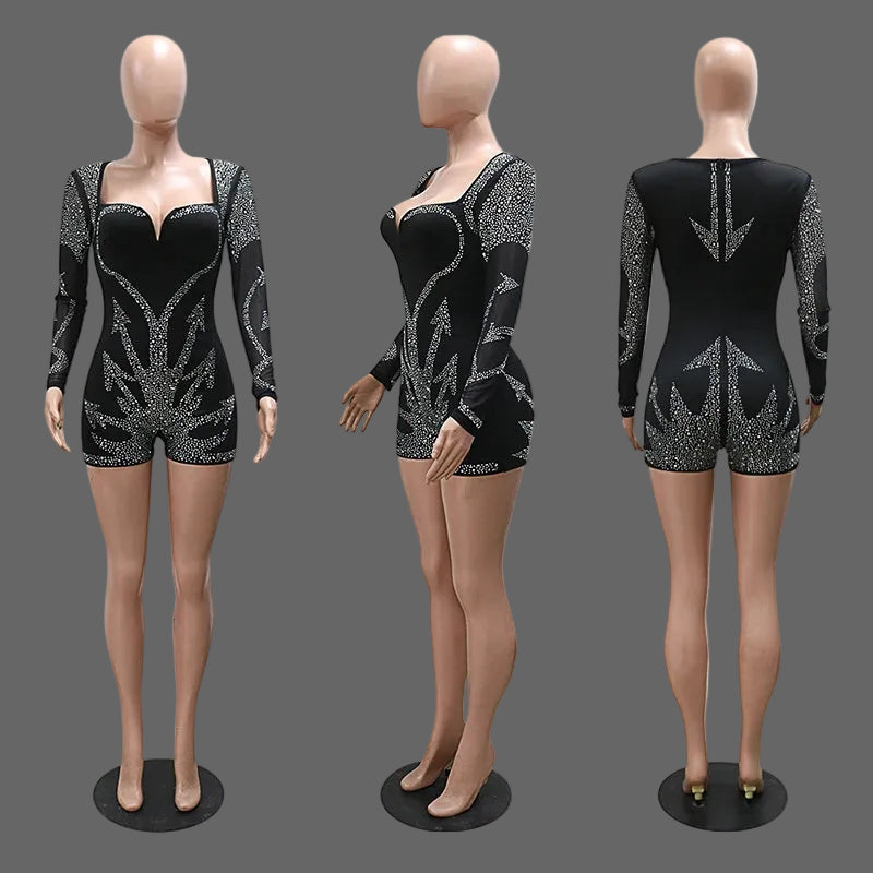 Glass Crystal Long Sleeve Zip-up Romper Heart Rhinestone Jumpsuits Playsuits Woman
