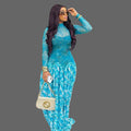 Print Long Sleeve Women Dresses Stretchy Mesh Flare Maxi Dress Lady Outfits S-XL