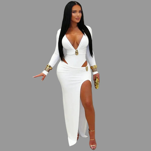 Deep Veck Hollow Out Maxi Dress Woman Sexy High Slit Night Out Club Party Outfit