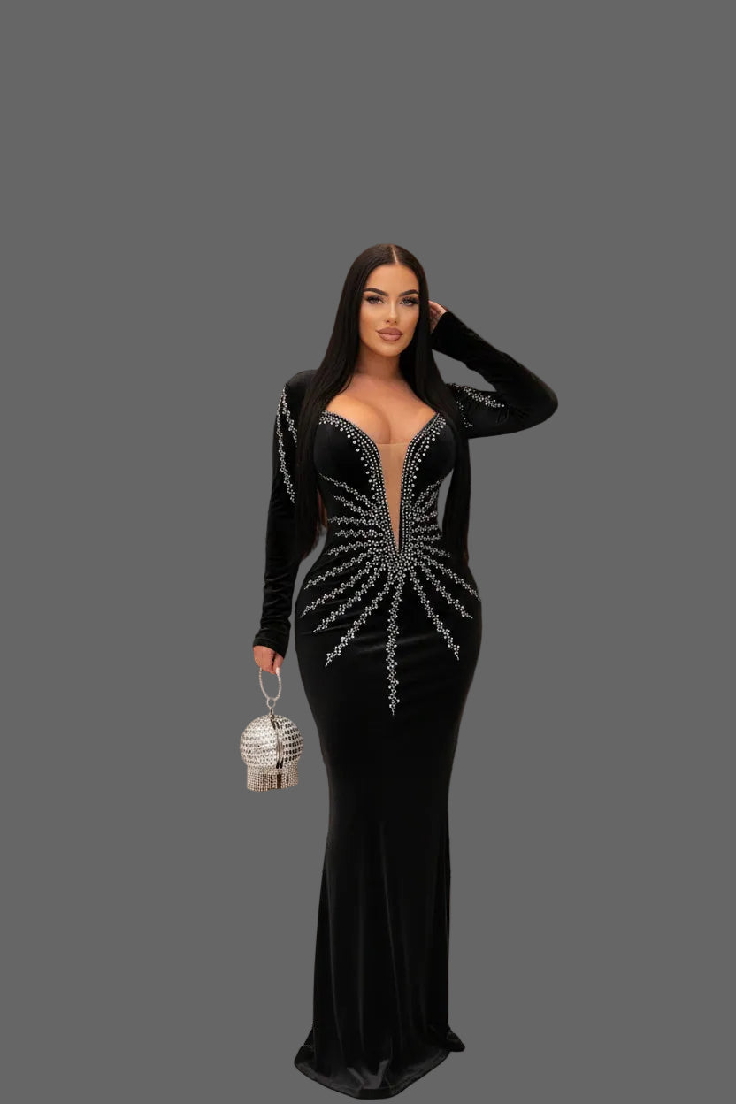 Elegant Rhinestone Velvet Mermaid Evening Gown