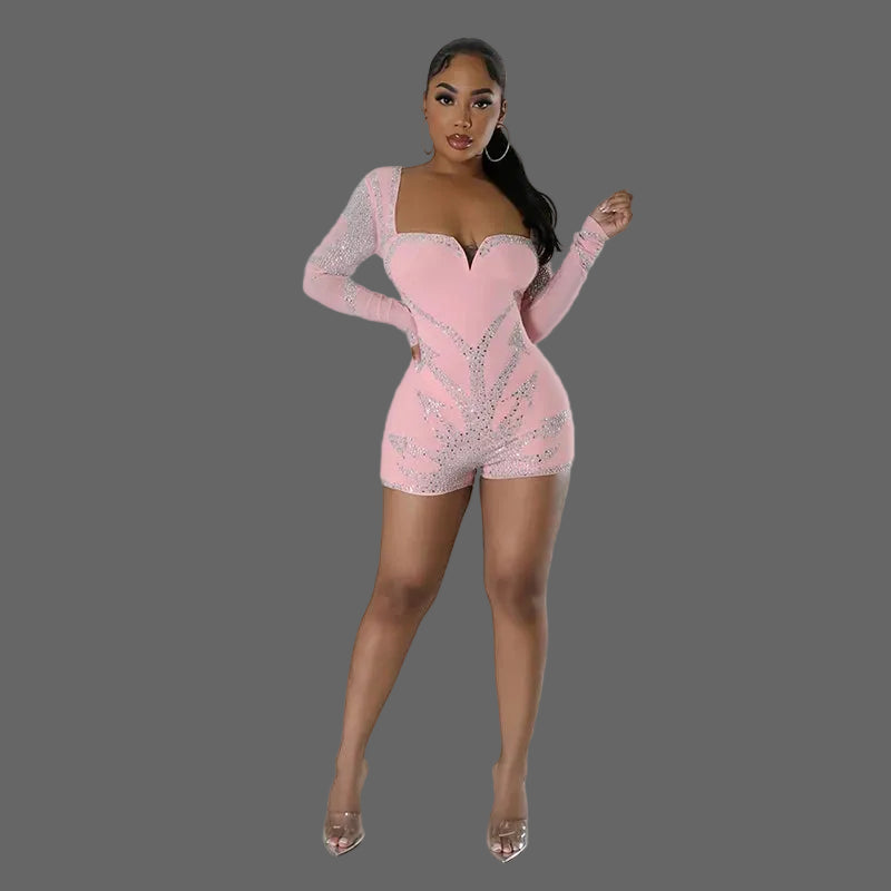Glass Crystal Long Sleeve Zip-up Romper Heart Rhinestone Jumpsuits Playsuits Woman