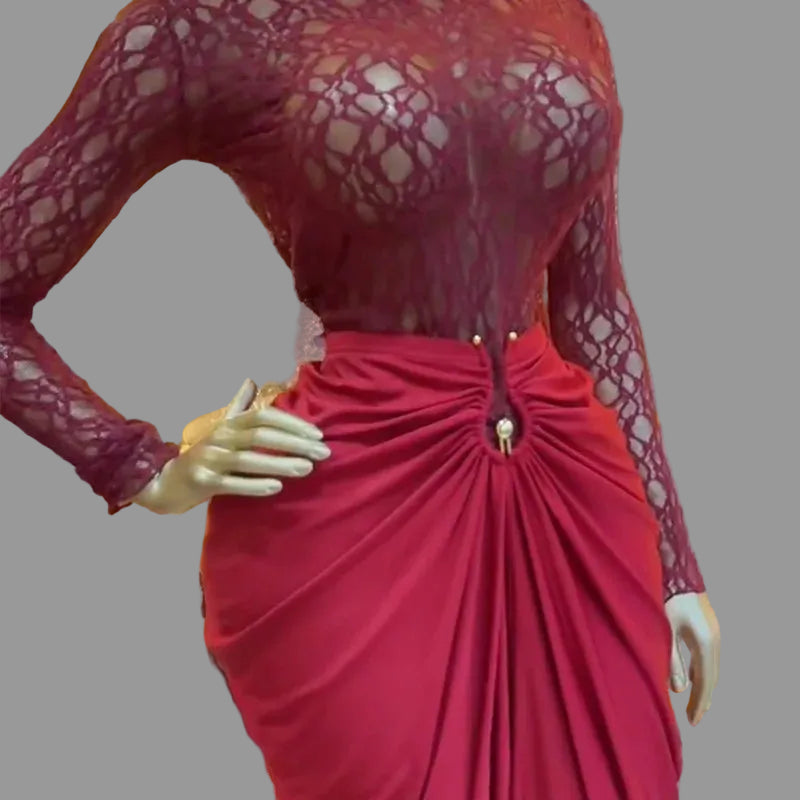 Woman Skirt Set Long Sleeve Lace Top and Long Skirt Lady Two Piece Set for Birthday Party Club