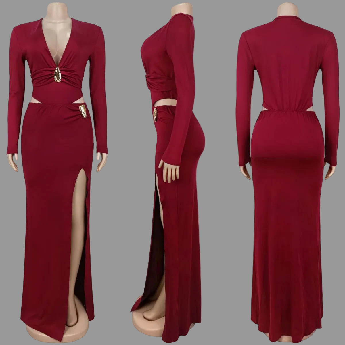 Deep Veck Hollow Out Maxi Dress Woman Sexy High Slit Night Out Club Party Outfit