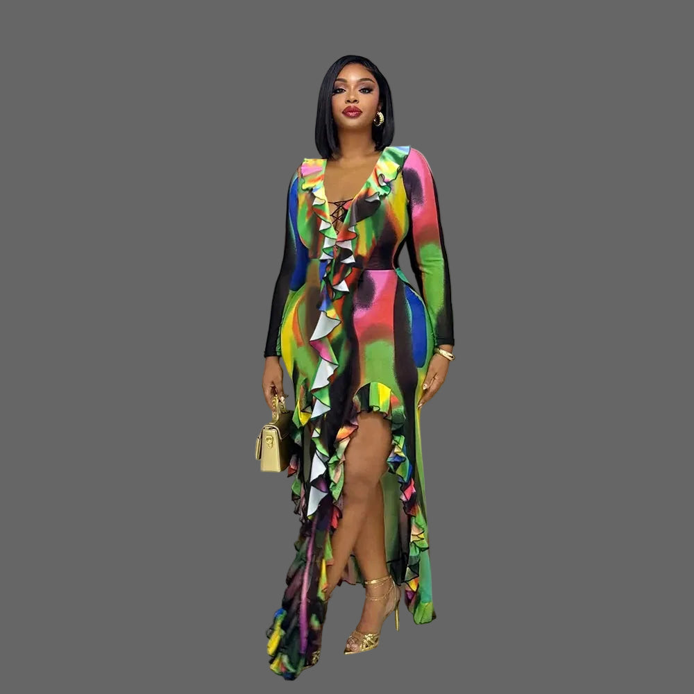 Colorful Abstract Print Lace up Ruffle Midi Dress Long Sleeve High Slit Bodycon Party Gown