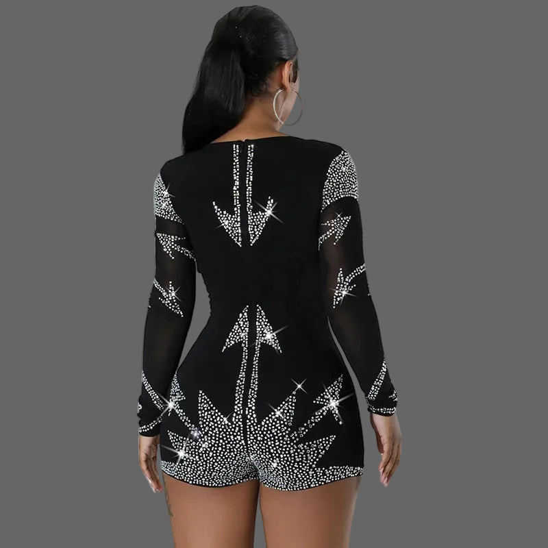 Glass Crystal Long Sleeve Zip-up Romper Heart Rhinestone Jumpsuits Playsuits Woman