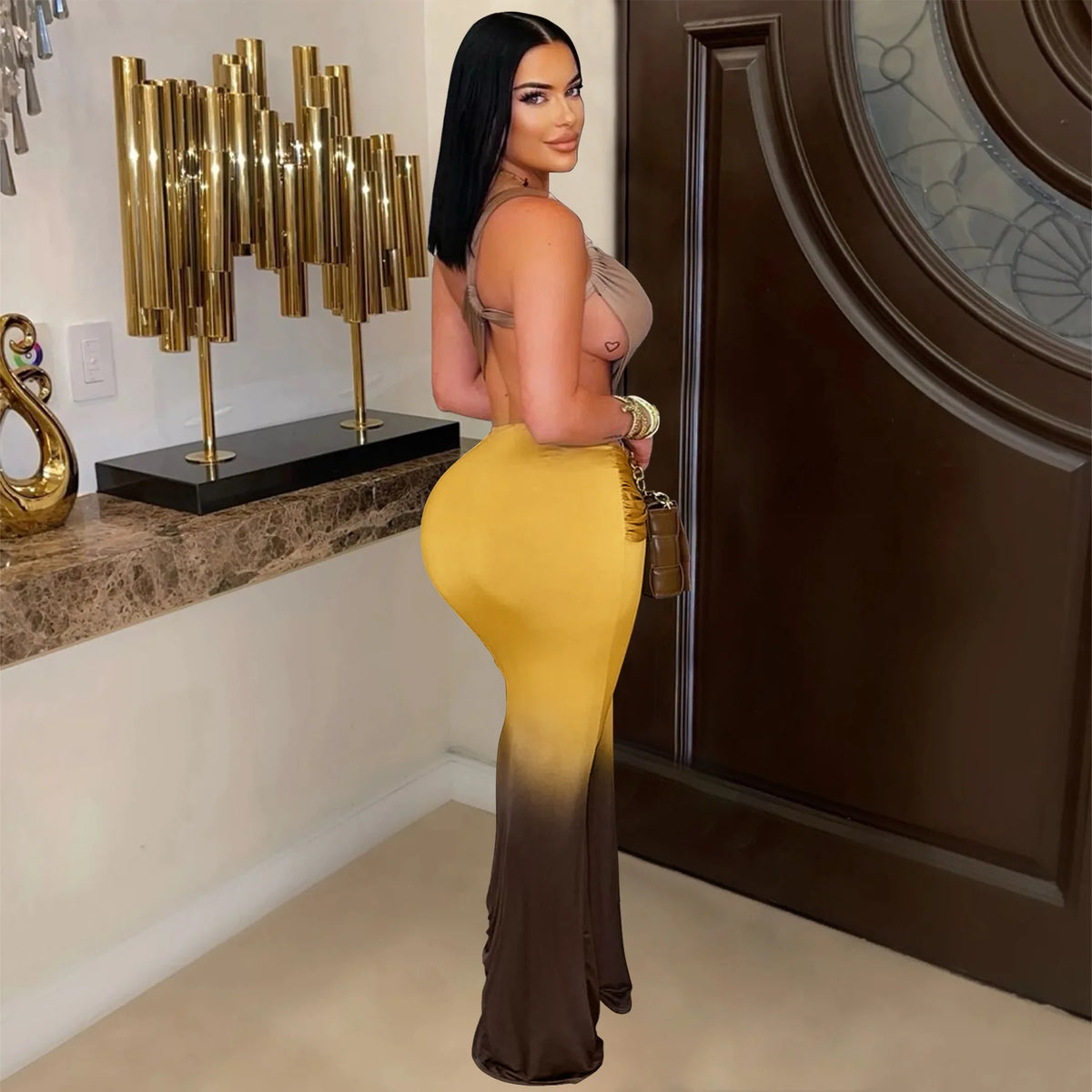 Women's Summer Ruched Floor-Length Solid Backless Sexy Robe Dress for Birthday Party Club