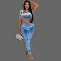 Women's Two-Piece Set Strapless Crop Top Rhinestones Skinny Fit Long Pants Casual Solid Short