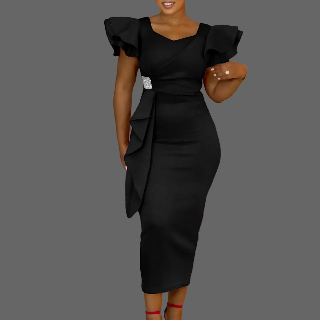 High Quality Midi Dress Woman Robe Long Sleeve Regular Fit Bodycon Natural Waistline Diamonds