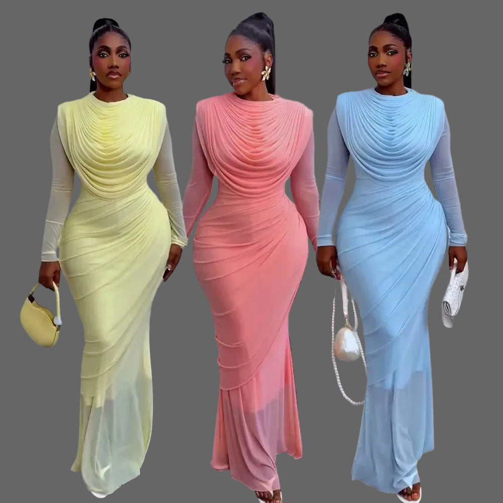Huda Draped Dress Woman Ruched Maxi Dress Long Sleeve Slim Fit Dinner Gown