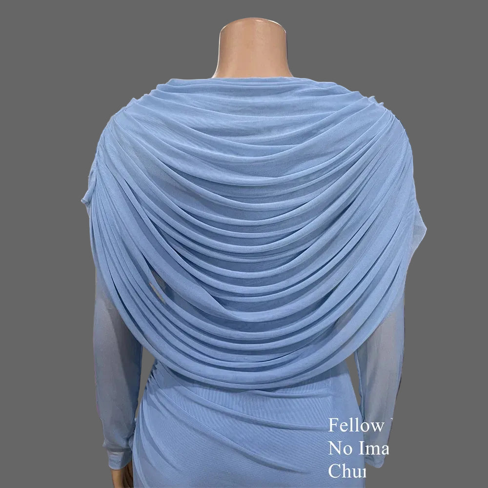 Huda Draped Dress Woman Ruched Maxi Dress Long Sleeve Slim Fit Dinner Gown
