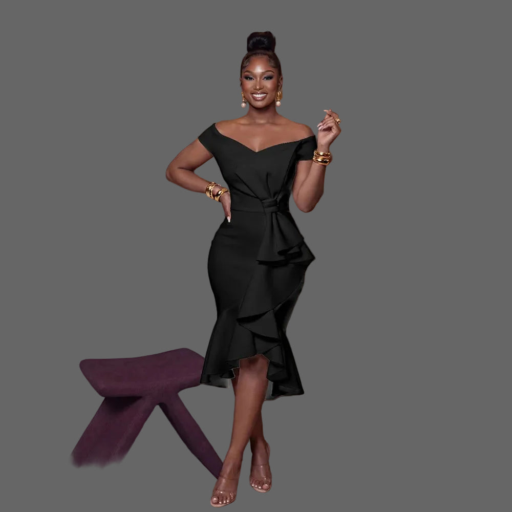 Off Shoulder Ruffle Midi Dress Woman Asymmetrical Peplum Bodycon Party Dress