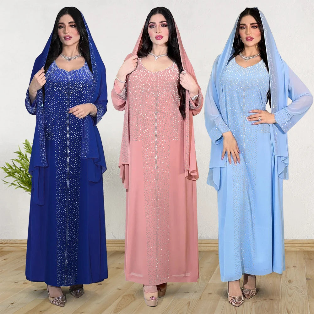 Women Elegant Rhinestone Arabian Islamic Clothing Robe Femme Modest Kleid Abaya Dress With Scarf