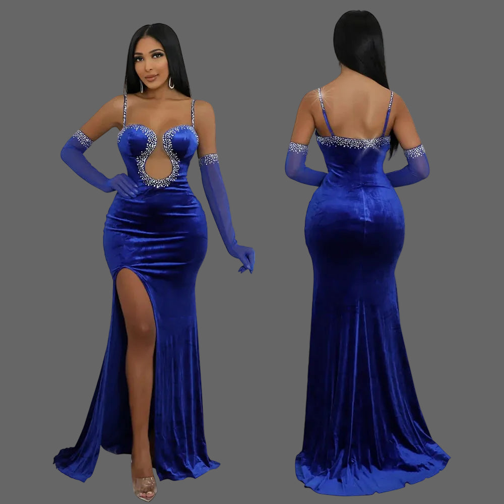 High-end Rhinestone Spaghetti Strap A-Line Ankle-Length Milk Silk Evening Dress Back Slit for Dinner Luxury