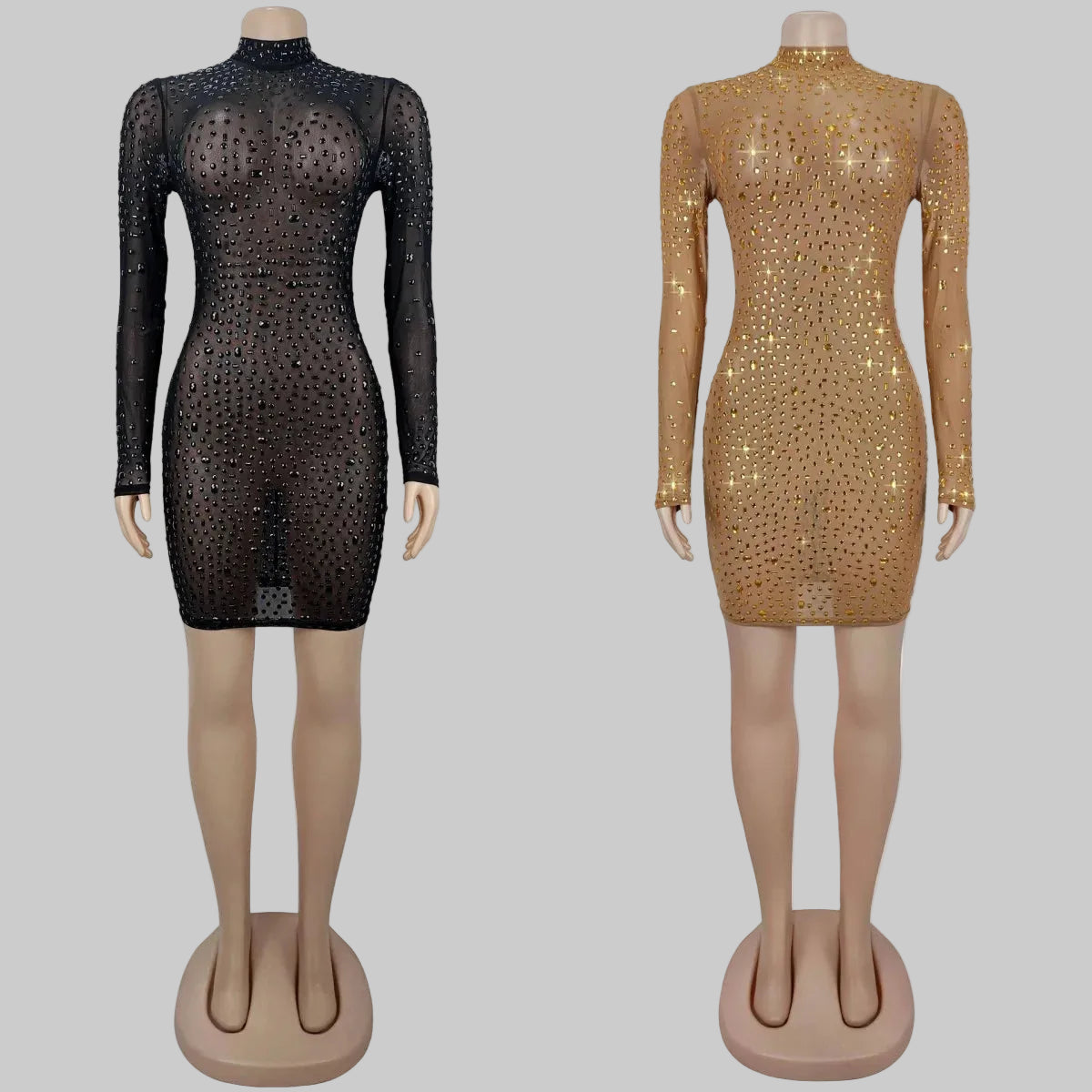 Rhinestone Mini Dress Stretchy Long Sleeve Sexy Mesh Bodycon for Club Night New Fashion Femme Robe