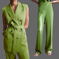 Casual Women's Solid Green Eco-Friendly Breathable Spandex/Polyester Two-Piece Vest and Pant Set