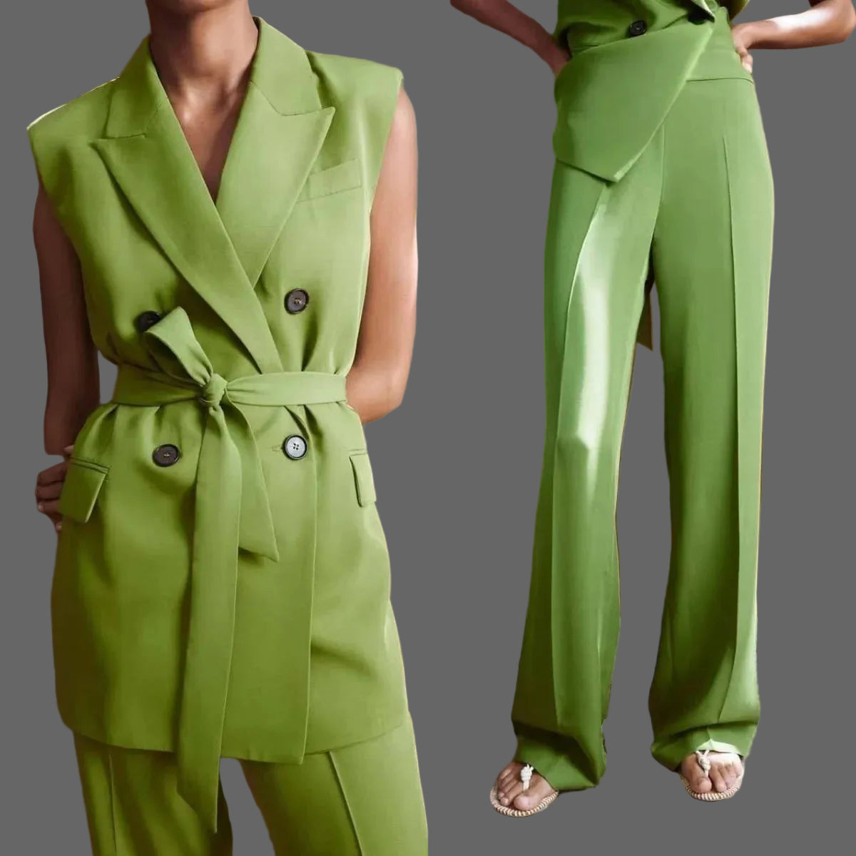 Casual Women's Solid Green Eco-Friendly Breathable Spandex/Polyester Two-Piece Vest and Pant Set