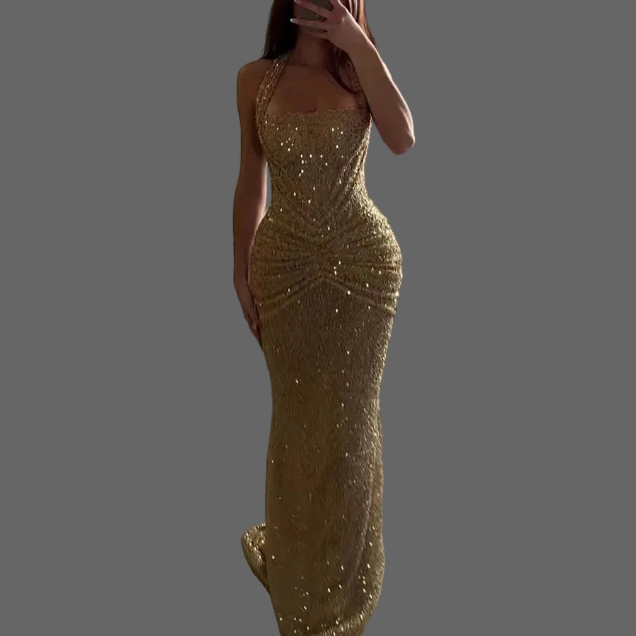 Halter Sequin Maxi Dress Women's Clothing Luxe Dinner Party Prom Evening Dress