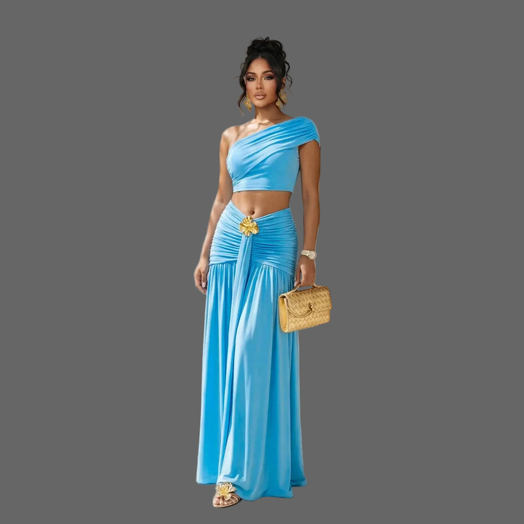 Two-Piece Set One Shoulder Crop Top & High Waist Maxi Skirt with Gold Flower