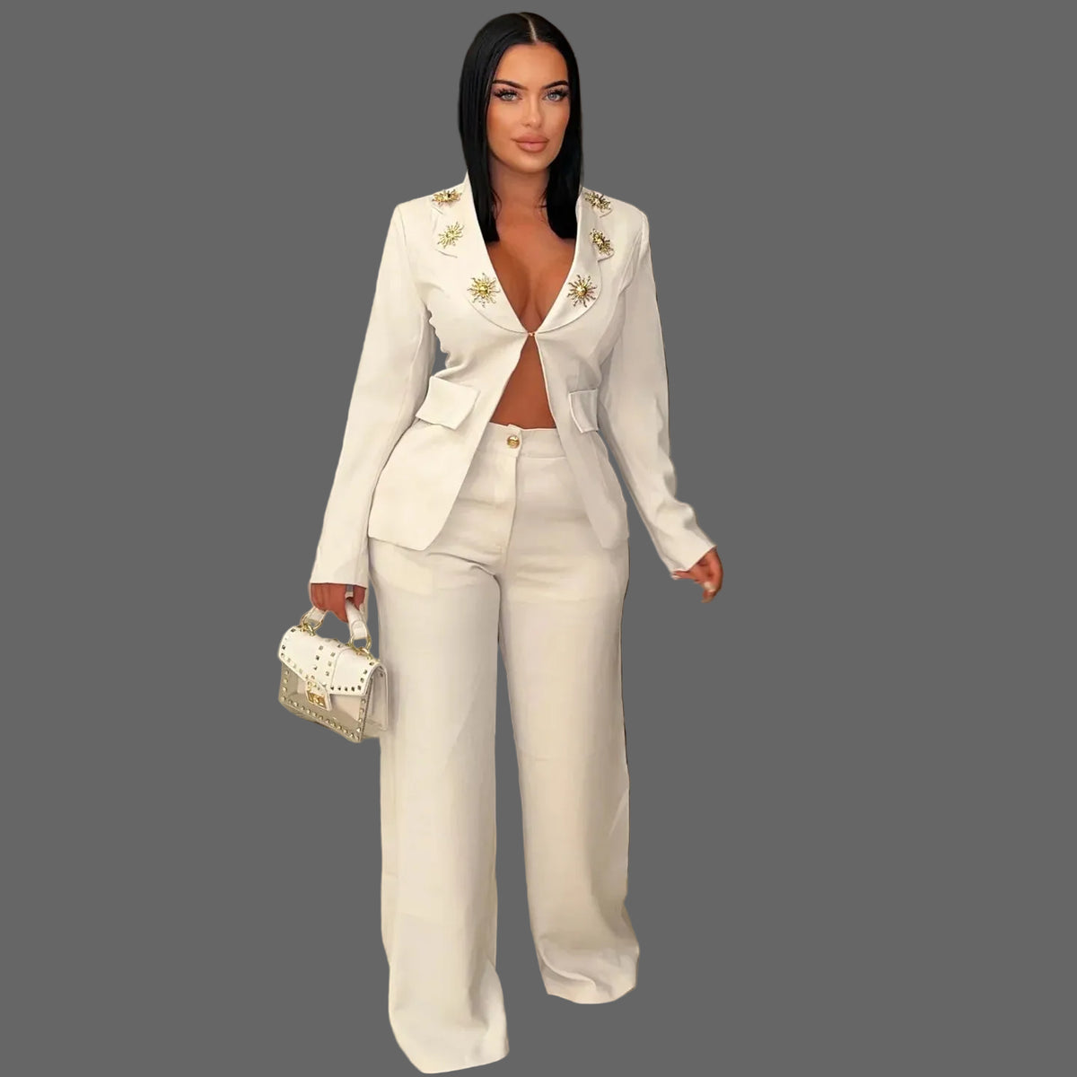 Embellished Blazer and Skinny Fit Solid Wide Leg Pants Set Glamorous Evening Power Suit Woman 2-Piece