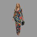 Chunya New in Tropical Floral Print Bodycon Maxi Dress Long Sleeve Collared Wrap Evening Gown with Front Slit