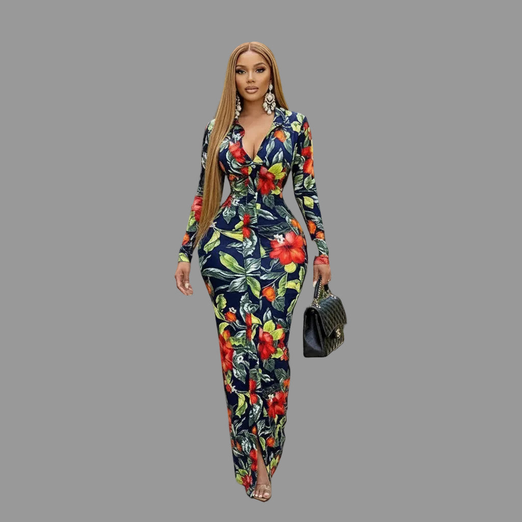Chunya New in Tropical Floral Print Bodycon Maxi Dress Long Sleeve Collared Wrap Evening Gown with Front Slit