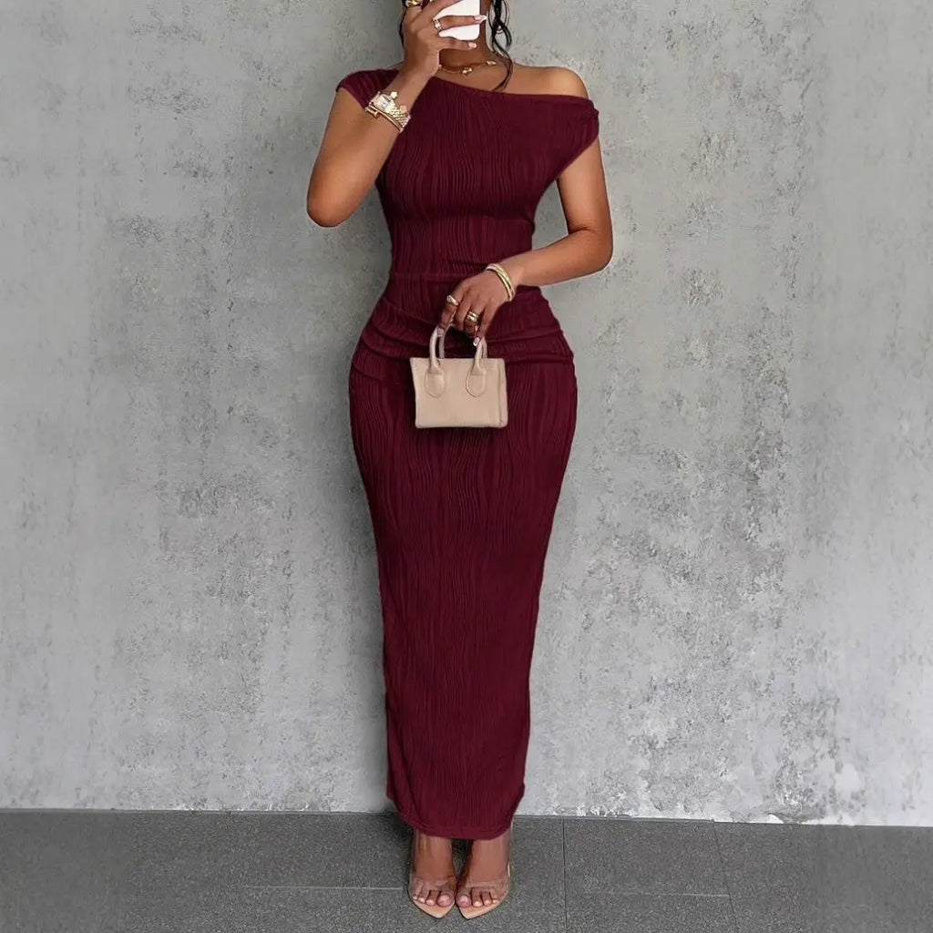 Fashionable Water Ripple Sloping Shoulder Dress