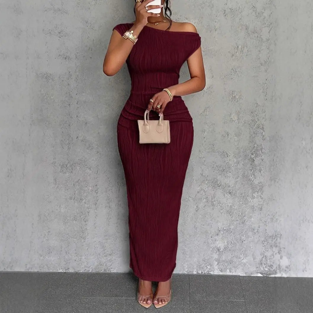 Fashionable Water Ripple Sloping Shoulder Dress