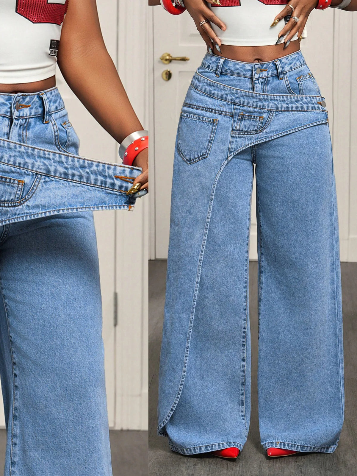 Women Asymmetrical Wrap Overlay Straight Breathable High Waist Mock Two Piece Deconstructed Jeans Streetwear