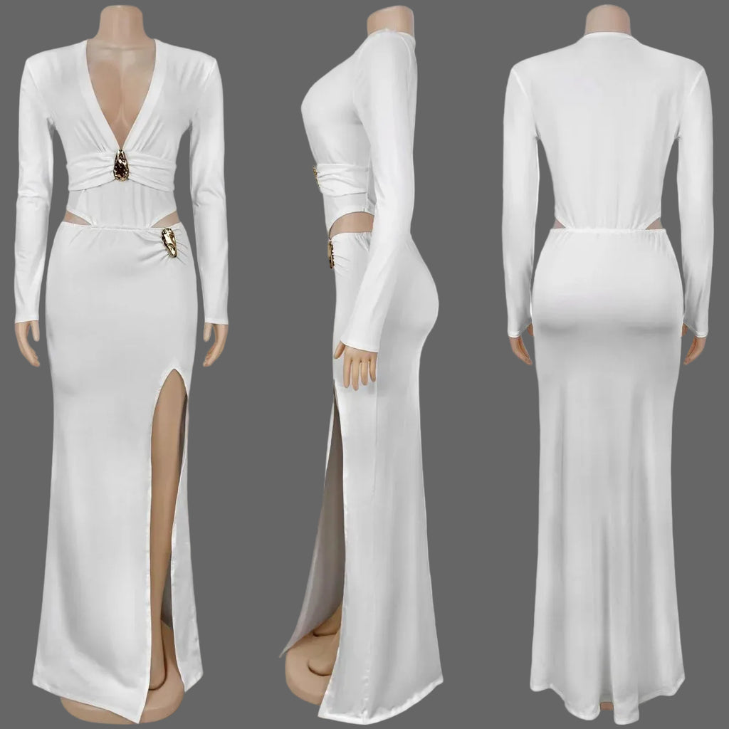 Deep Veck Hollow Out Maxi Dress Woman Sexy High Slit Night Out Club Party Outfit