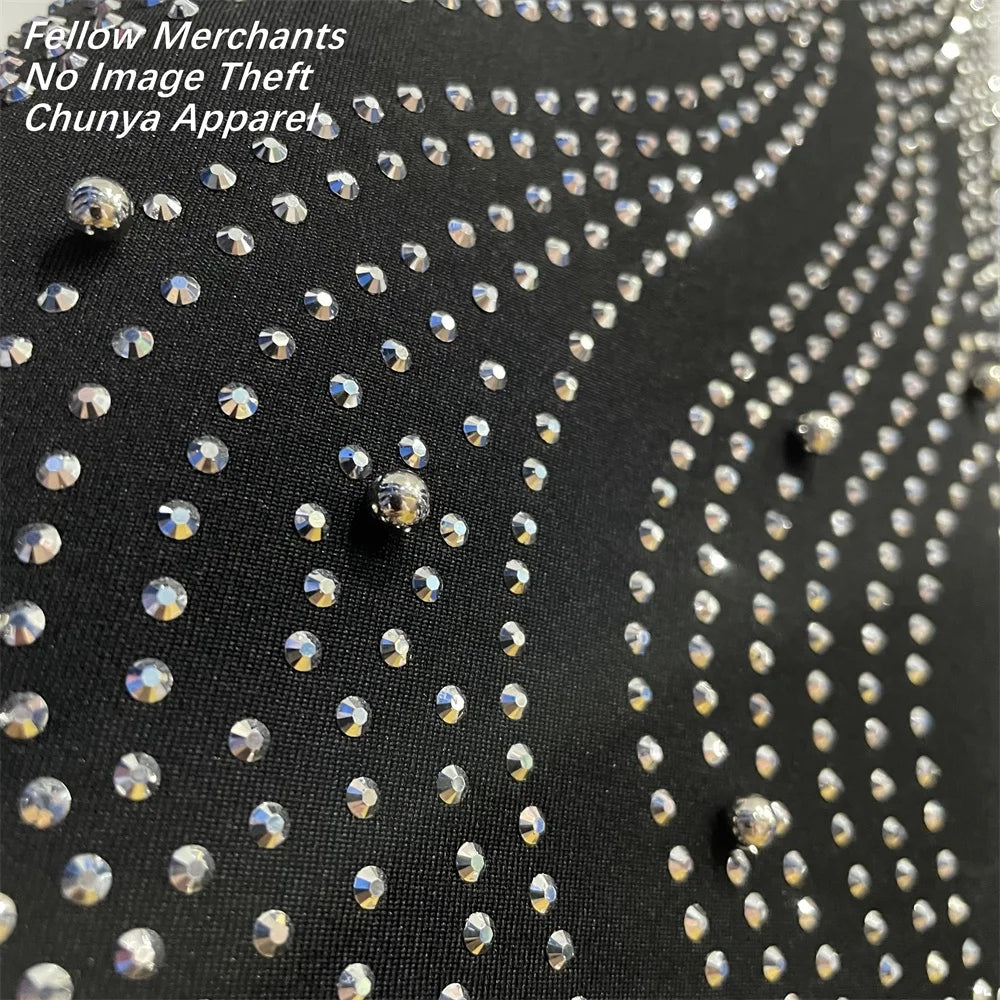 Black Long Sleeve Mesh Rhinestone Bodycon Mini Dress Embellished Evening Party Club Dress for Women