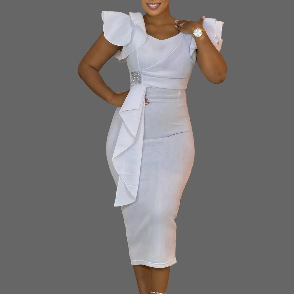 High Quality Midi Dress Woman Robe Long Sleeve Regular Fit Bodycon Natural Waistline Diamonds