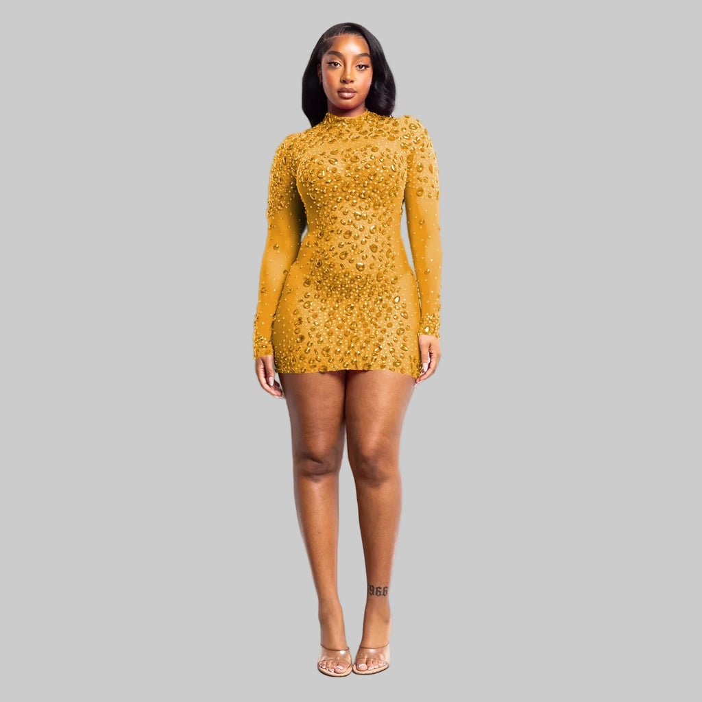 Rhinestone Mini Dress Stretchy Long Sleeve Sexy Mesh Bodycon for Club Night New Fashion Femme Robe