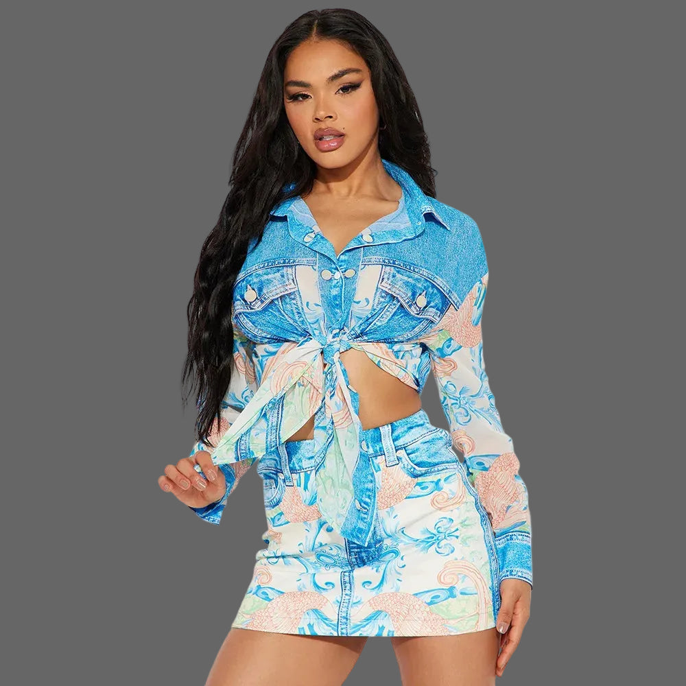 Women's Summer Casual Two-Piece Set Printed Top Turn-Down Collar Long Sleeve Paired Sexy Slim Fit Bodycon Breathable