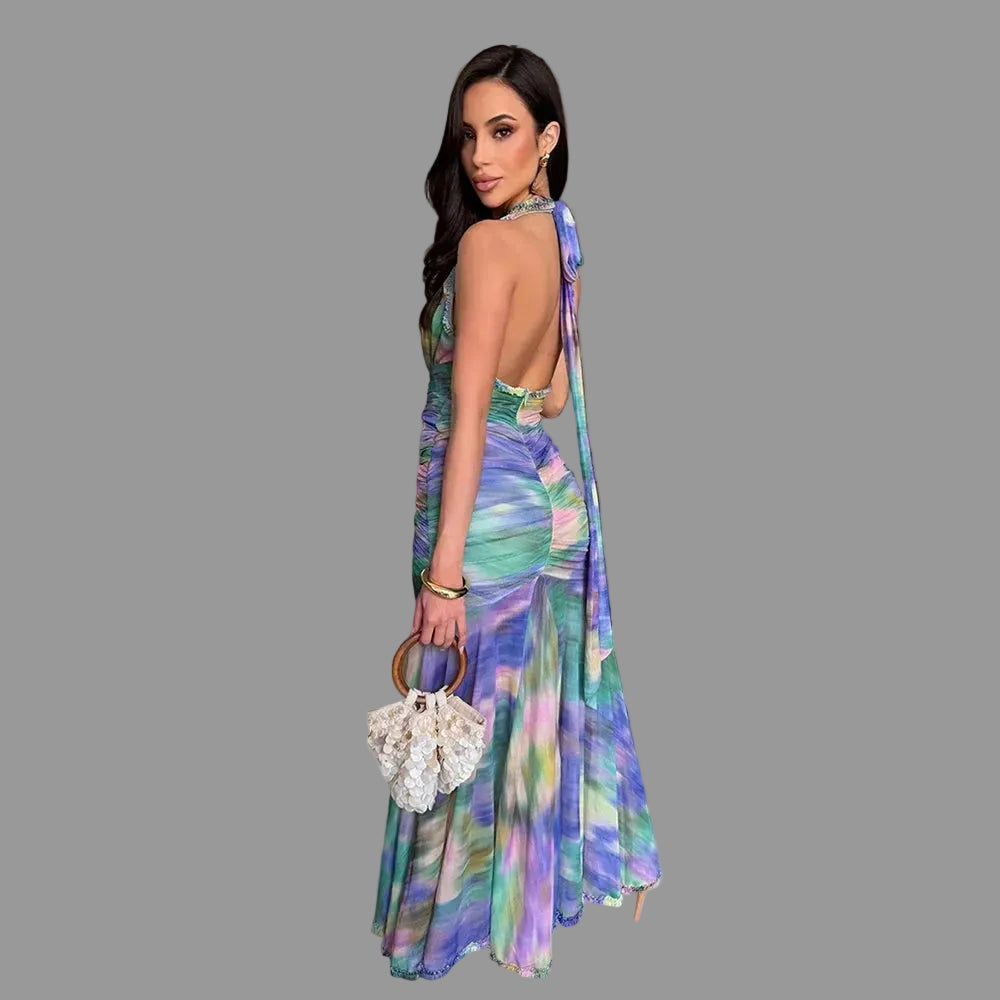 Halter Neck Polka Dot & Tie-Dye Midi Dress Deep V Ruched Sheer Mesh Ruffle Hem Party Dress for Women