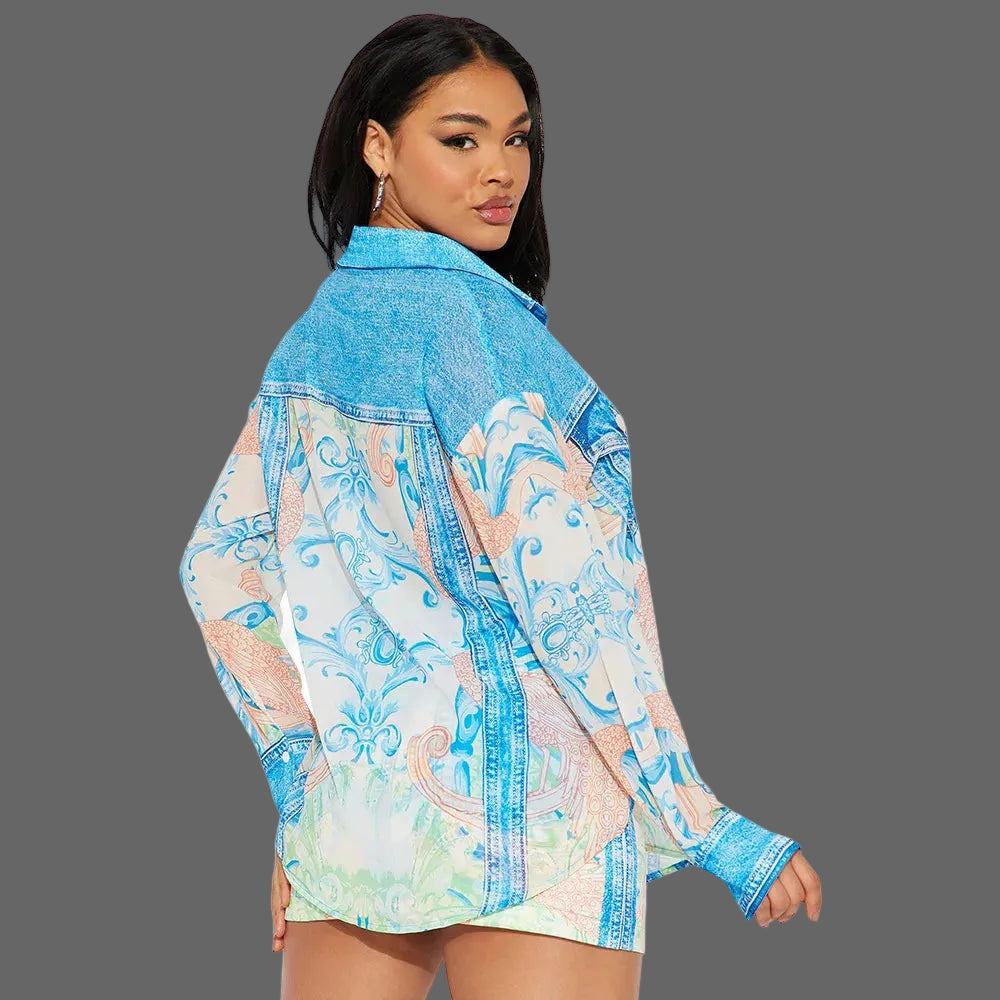 Women's Summer Casual Two-Piece Set Printed Top Turn-Down Collar Long Sleeve Paired Sexy Slim Fit Bodycon Breathable