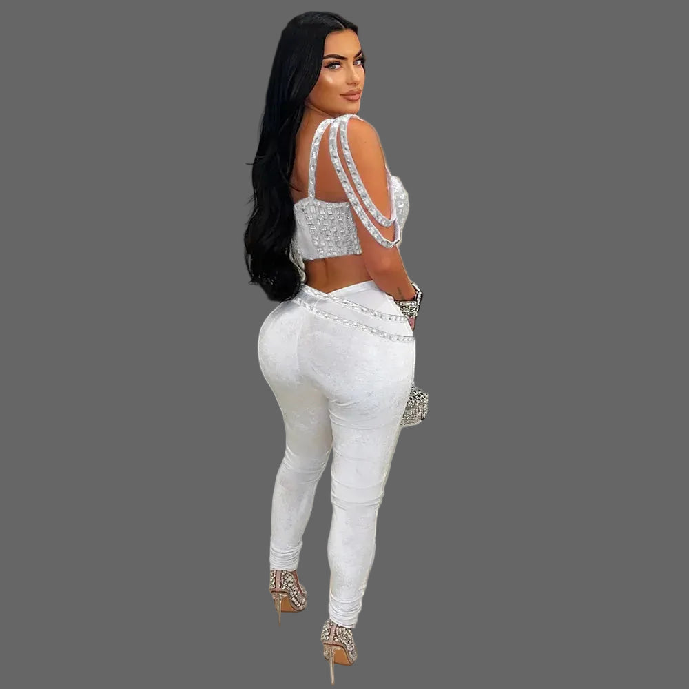 Women's Two-Piece Set Strapless Crop Top Rhinestones Skinny Fit Long Pants Casual Solid Short
