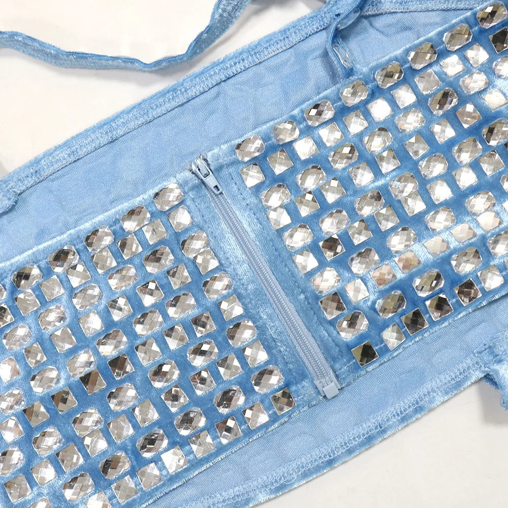 Women's Two-Piece Set Strapless Crop Top Rhinestones Skinny Fit Long Pants Casual Solid Short