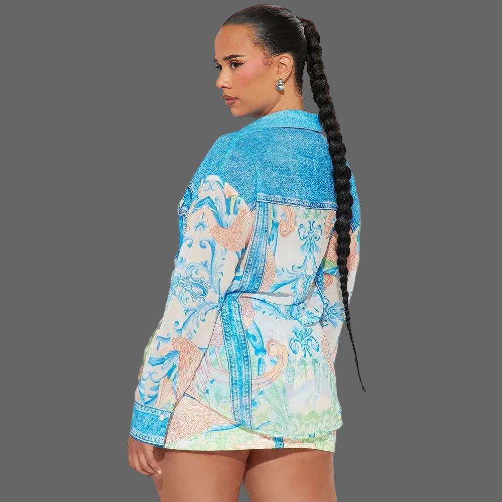 Women's Summer Casual Two-Piece Set Printed Top Turn-Down Collar Long Sleeve Paired Sexy Slim Fit Bodycon Breathable