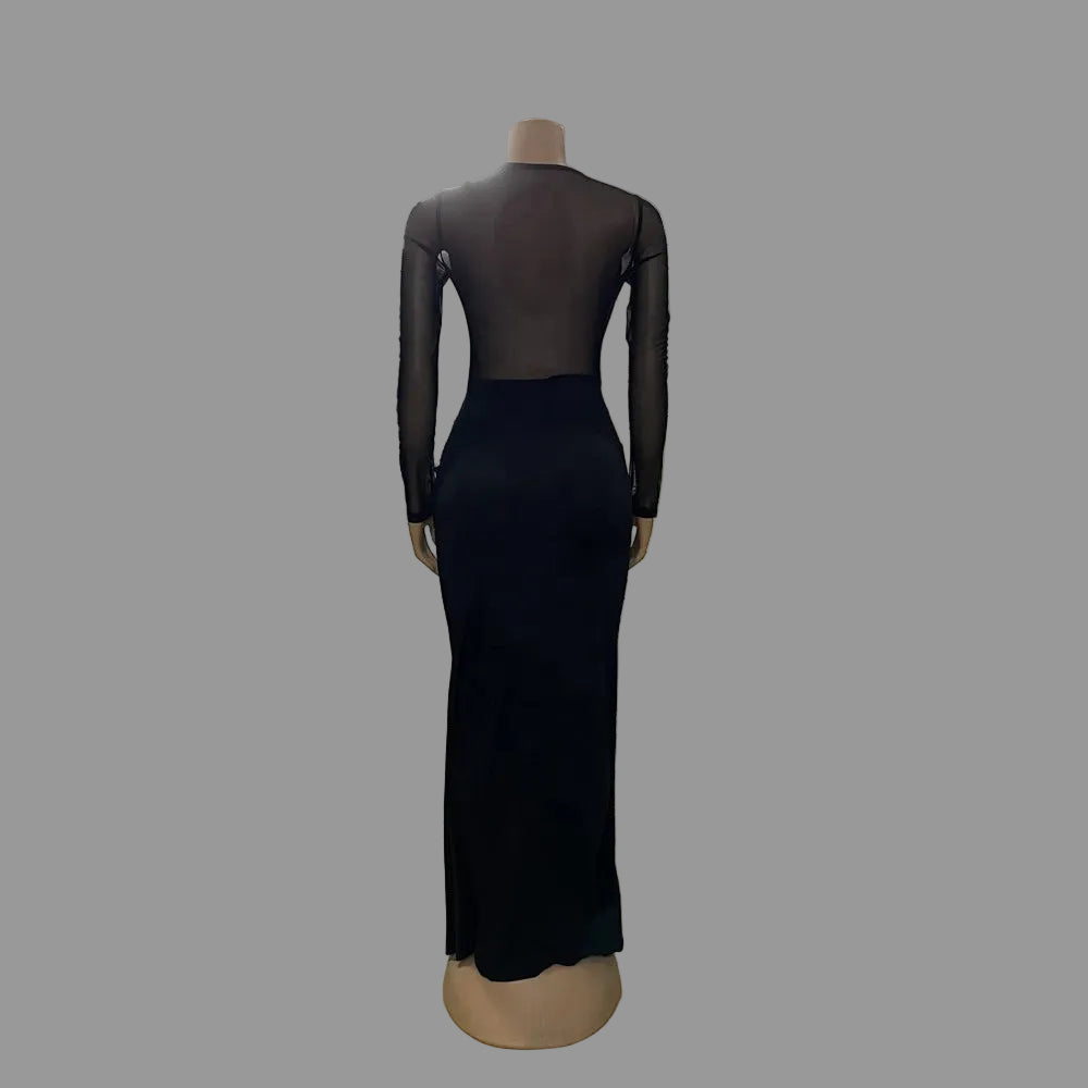 Woman Ruched Maxi Dress Long Sleeve Mesh Pleated Bodycon Femme Robe for Party Club Birthday