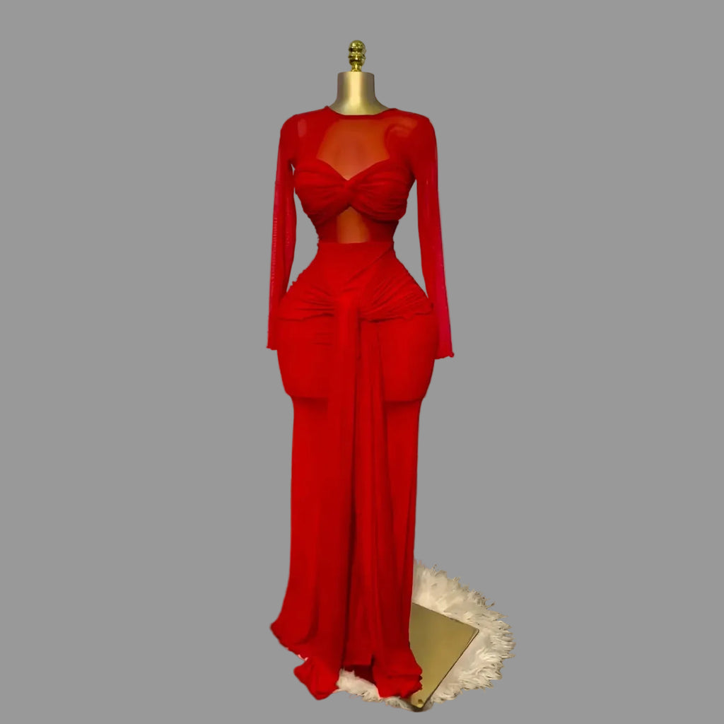 Woman Ruched Maxi Dress Long Sleeve Mesh Pleated Bodycon Femme Robe for Party Club Birthday