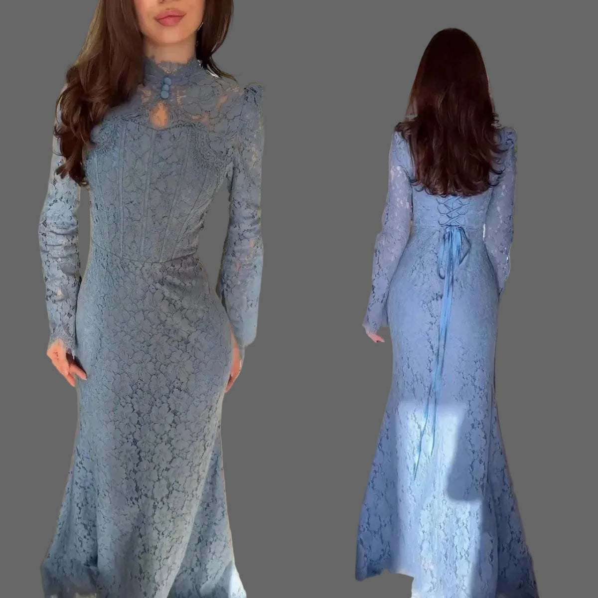 Mermaid Maxi Dress Long Sleeve Corset Back Lace-Up Formal Evening Party Gown